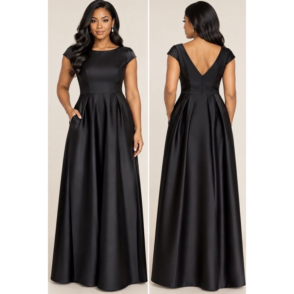 Alfred Sung Cap Sleeve Pleated Black Satin Gown w/ Pockets Size 8R On Sale Now!